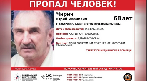 В Хабаровске ищут пропавшего пенсионера Юрия Чирича